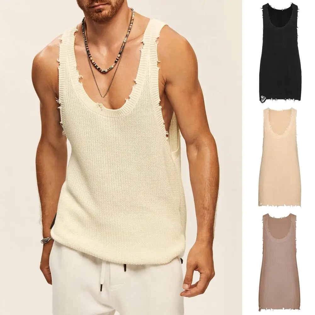 Vintage Ripped Distressed Solid Knitted Tank Tops Men Summer O-Neck Sleeveless Loose Pullover Vest Top