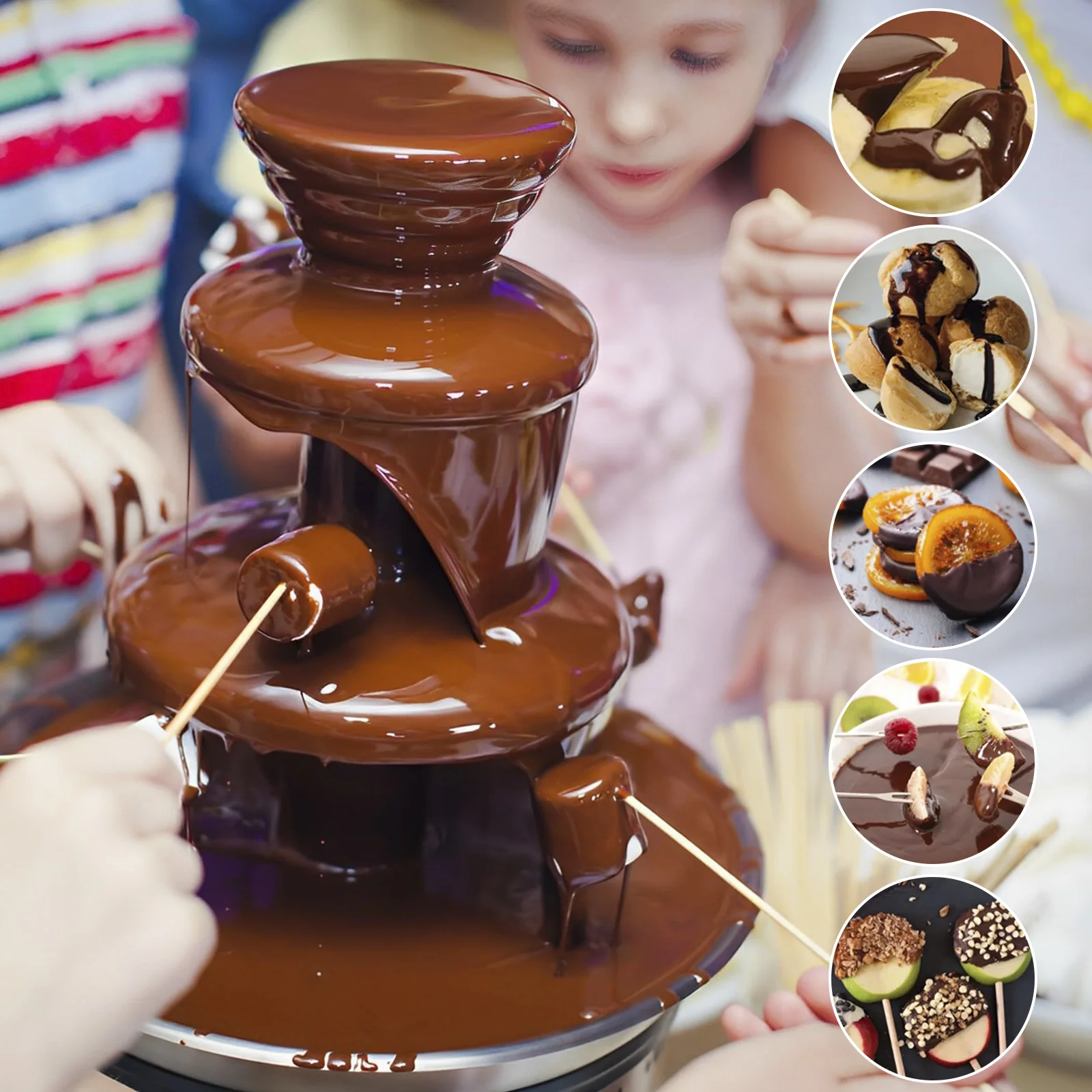 Chocolate Fondue Fountain Machine Three Layers Chocolate Melt with Heating Fondue Machine Auto Off Electric Melting Machine