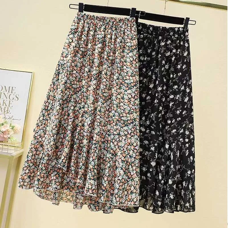 

Chiffon Floral Skirt for Women in Summer New Large Size Elastic High Waist Mid-length Ice Silk Drape to Make You Look Thin
