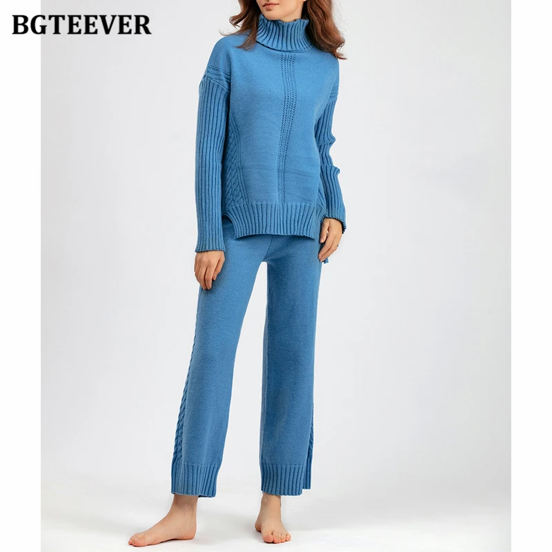 

BGTEEVER Autumn Winter Warm Female Sweaters Outfits Long Sleeve Knitted Turtleneck Pullovers Women Wide Leg Trousers