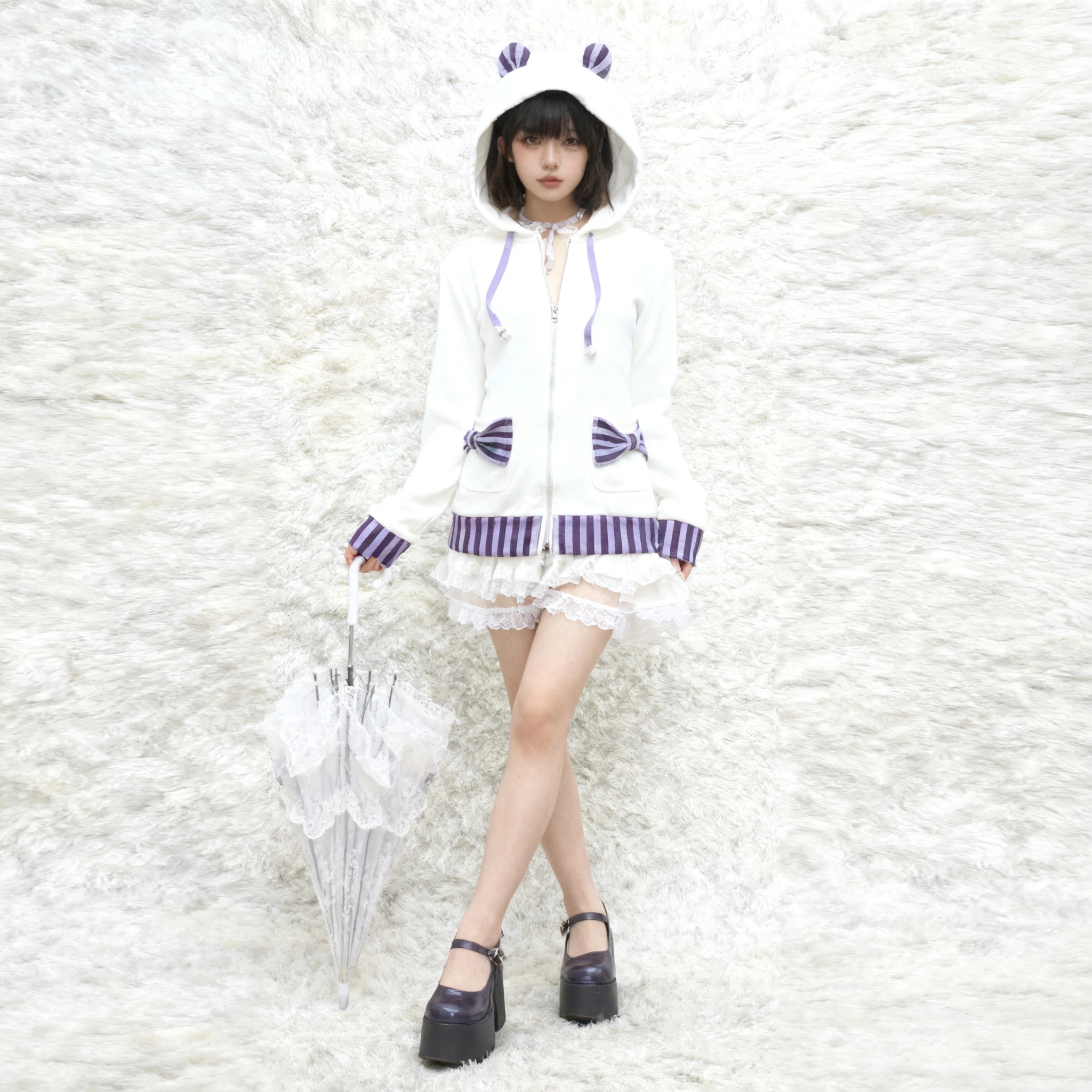 

Women's Sweet Lolita Cat Ear Hoodie - Purple Striped Bow Pocket Zip-Up Sweatshirt, Cute Japanese Streetwear for Spring Autumn