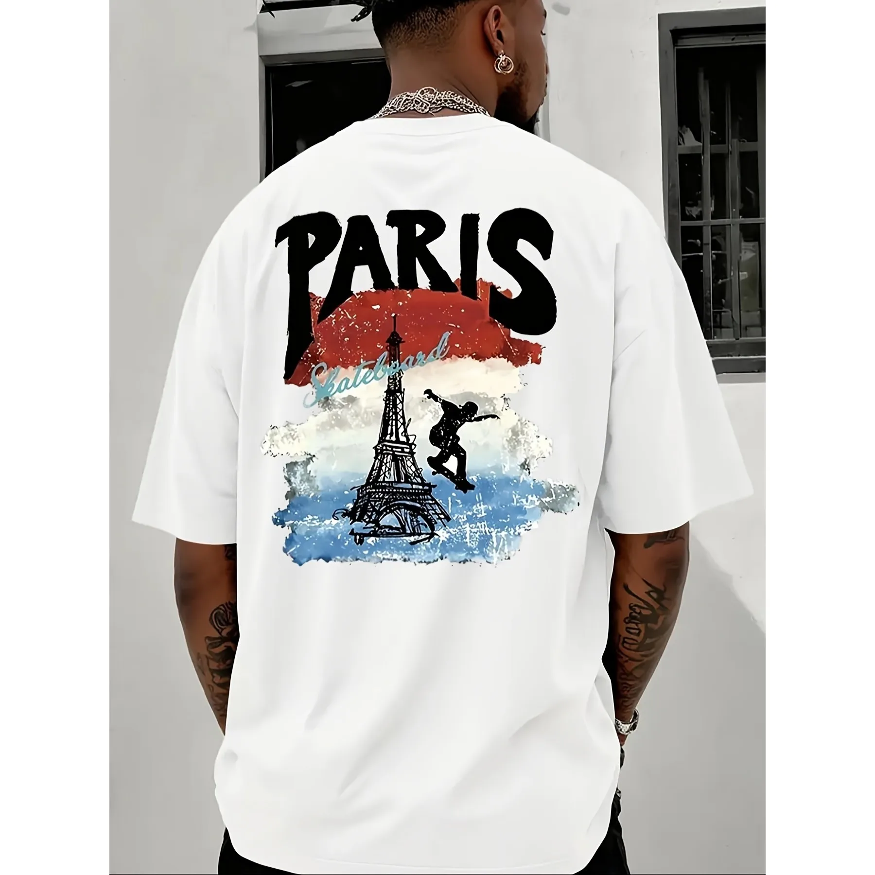 Paris Skateboard Eiffel Tower Graphic Men's Loose Fit Cotton T-Shirt Summer Streetwear Tee