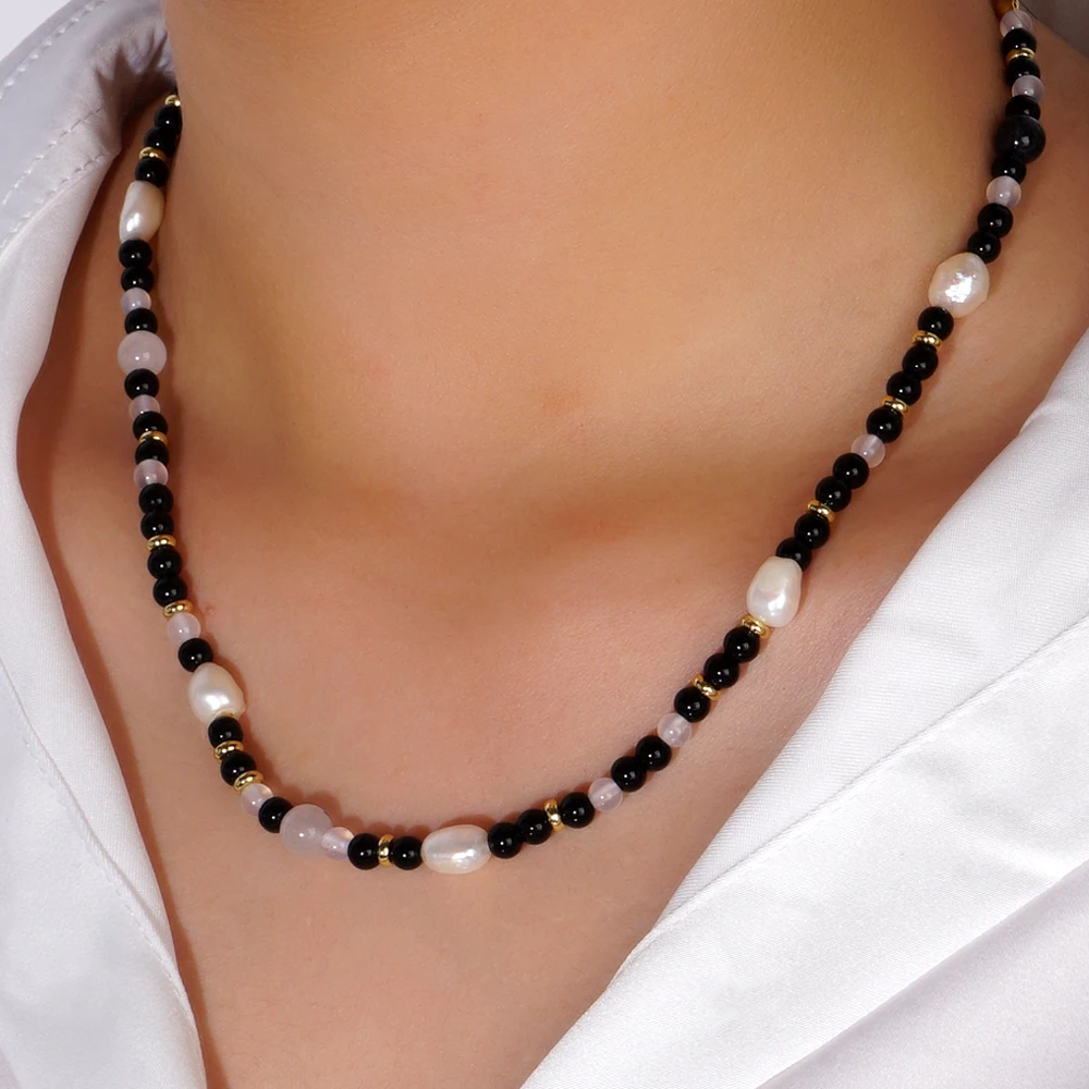

1 PC Baroque Pearl Beaded Necklace for Women Black White Crystal Choker Gold Spacer Elegant Handmade Jewelry Gift