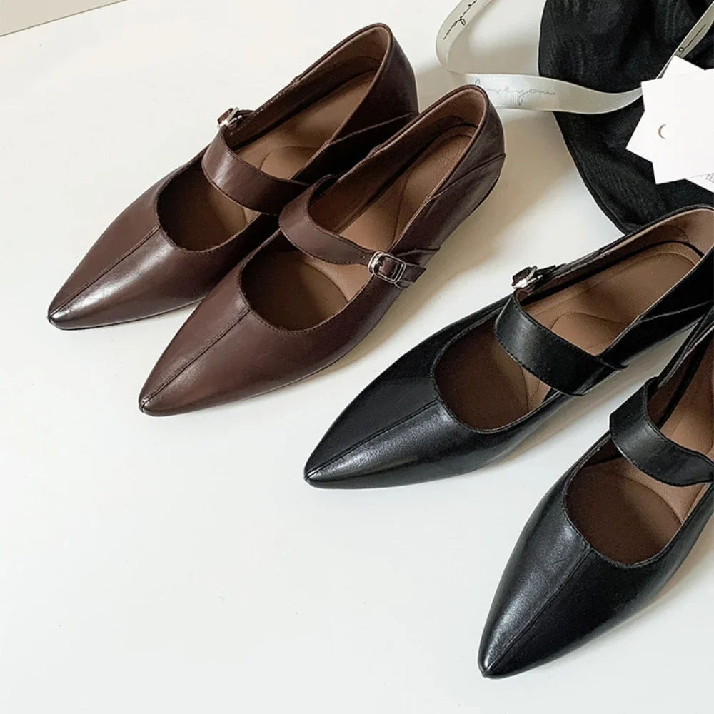 

Весенне-летние женские туфли на низком заказе из натуральной кожи, черные остроконечные женские туфли Мэри Джейн в европейском и американском стиле