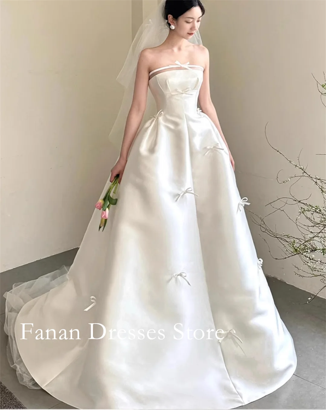 

FANAN Корейские свадебные платья трапециевидной формы без бретелек 웨딩드레스 Атласные платья цвета слоновой кости на шнуровке без рукавов Индивидуальные красивые платья невесты размера плюс
