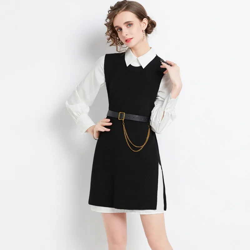 Spring and Autumn New Thin Lapel Long Sleeve Belt Knit Shirt Two-piece Dress