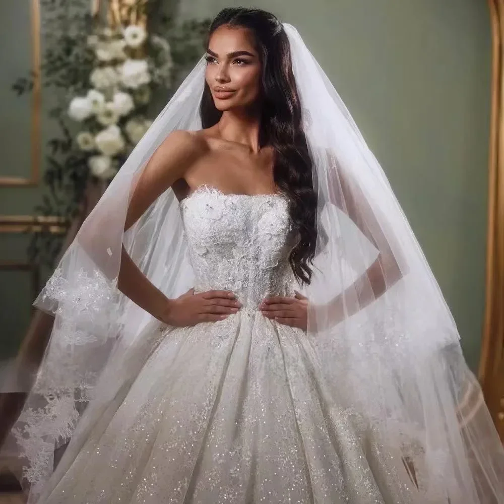 Customized Graceful Ball Gown Wedding Dresses For Women Strapless Lace Sequined Bridal Gowns Court Train Vestido De Novia