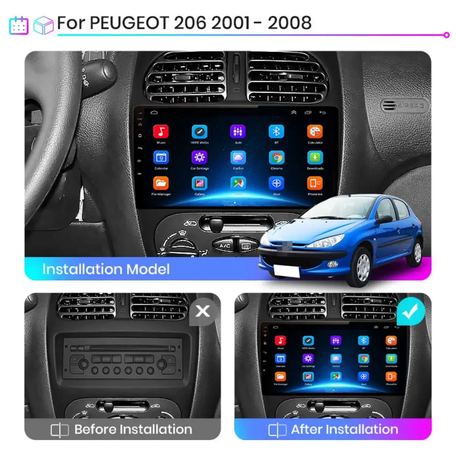 For PEUGEOT 206 206CC 206SW 2001 - 2016 Android Radio Car Multimedia Automotiva Apple Carplay Accessories Pantalla Coche Camera