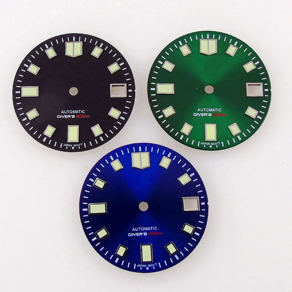 

29mm Black/Blue/Green Sunburst Watch Dial Face Date Window Luminous Spare Parts Fit NH35 NH36 ETA2824 PT5000 Automatic Movement