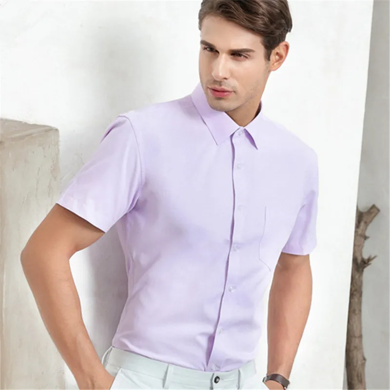 

Men Short Sleeve Dress Shirt Summer Fashion Solid Color Slim Fit Social Business White Purple Man Clothes Big Size 5XL 6XL 7XL