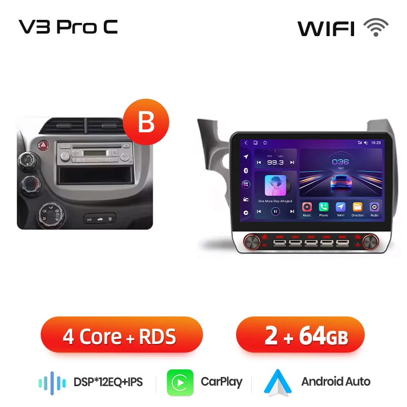 Junsun 13.1″ QLED draadloze CarPlay Android Auto autoradio voor Honda Fit Jazz 2007-2013 Intelligente systemen DSP SWC RDS GPS FM BT