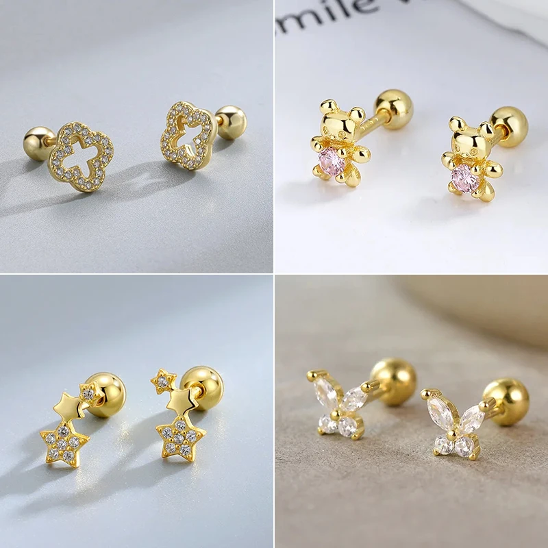 Fashion Cute Pink Zircon Bear Piercing Screw Ball Stud Earrings For Women Girl Gold Color Clover Charm Party Jewelry Accessories