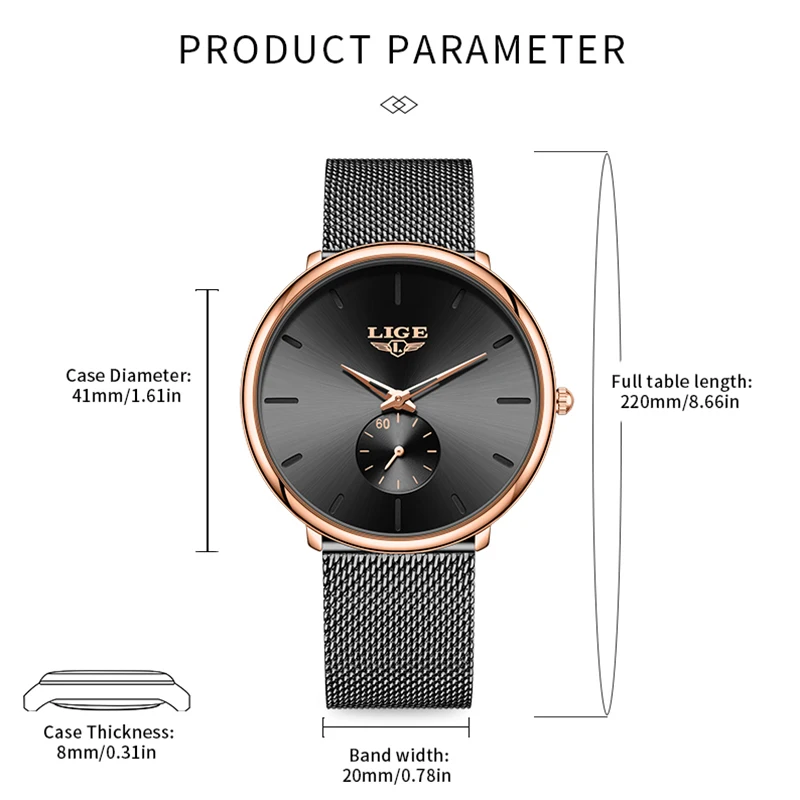 LIGE ساعة نسائية 2026 جديدة أنيقة بسيطة موضة مقاوم للماء ساعة السيدات الفاخرة شبكة حزام كوارتز ساعة اليد للنساء #6