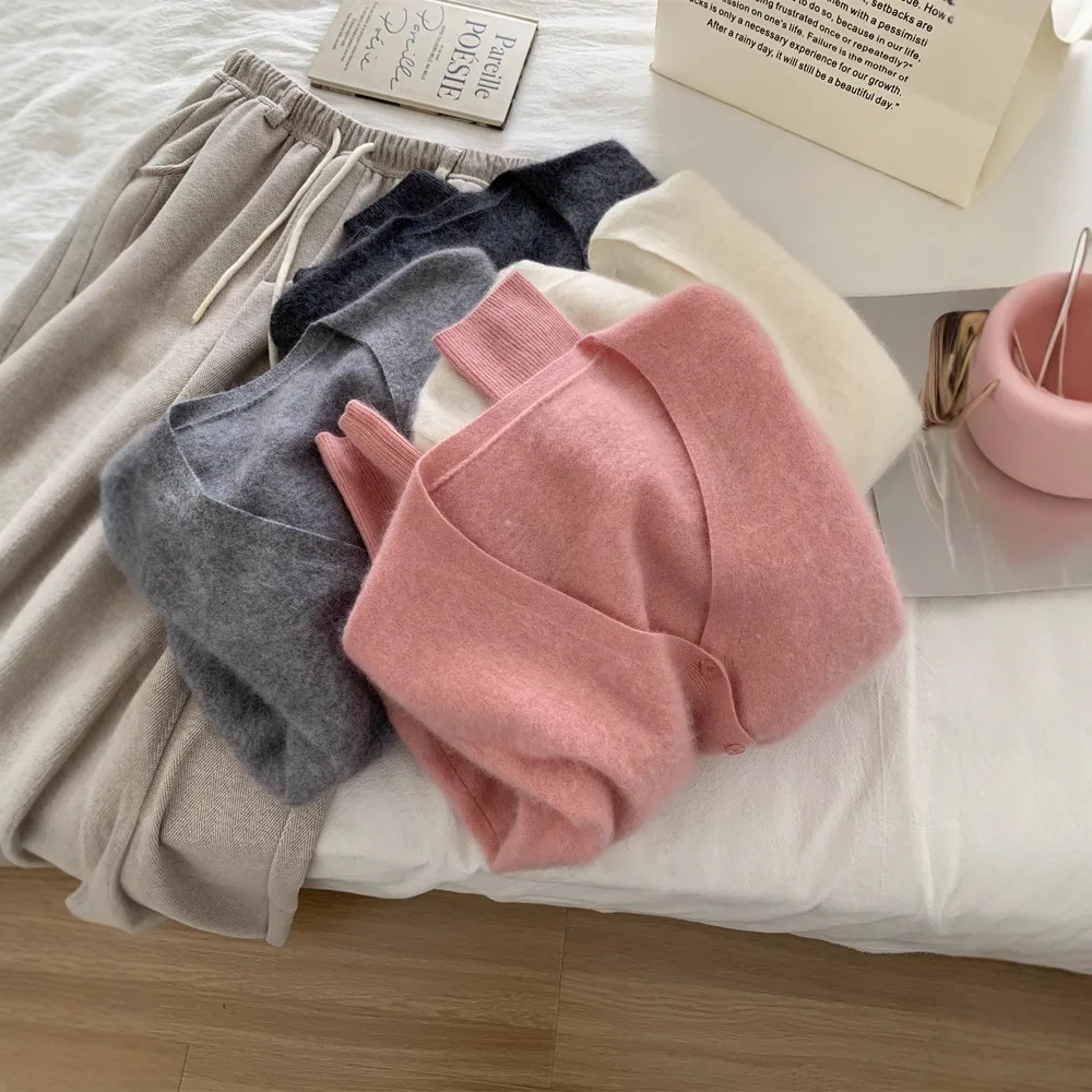 

V-Neck Knitted Cardigan For Women Korean Style Autumn Winter Warm Wool Sweater Coat