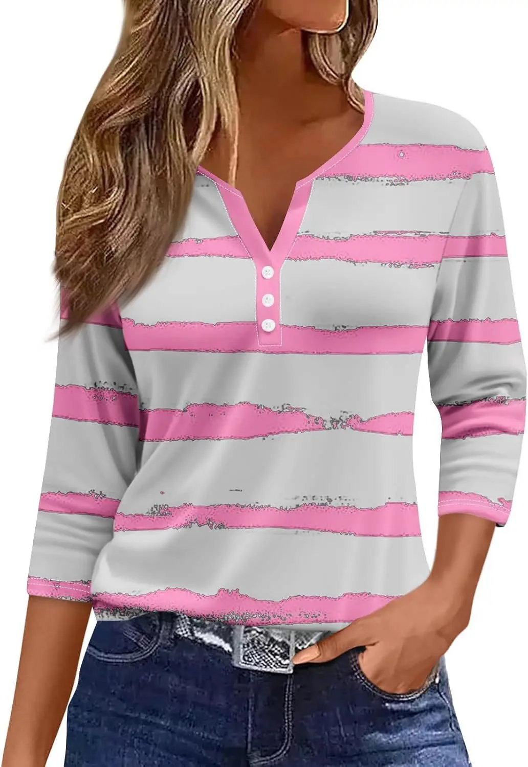 Striped Breathable Ink Wash Women's Summer Casual Button Seven Quarter Sleeve Wholesale On Amazon AliexpressWG23