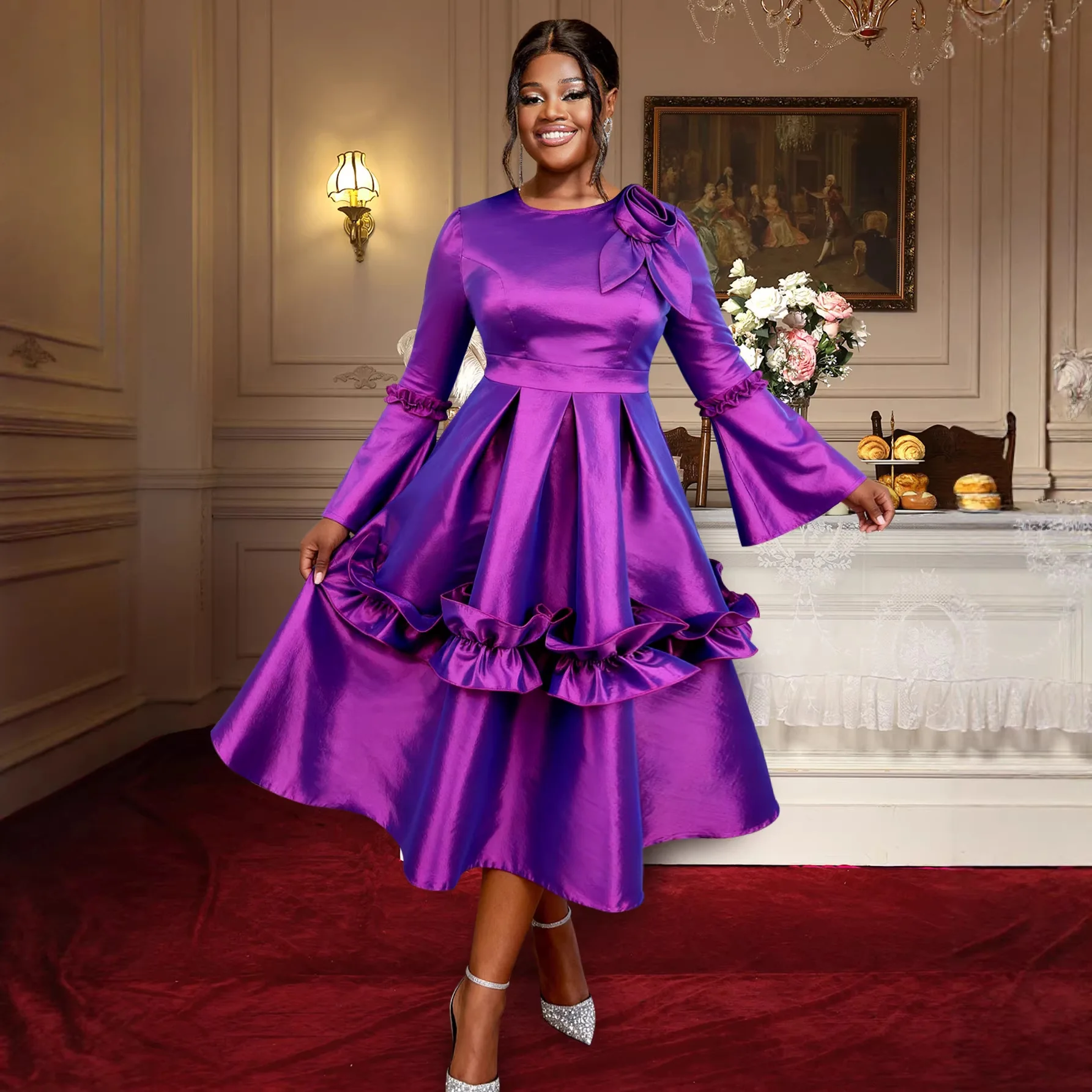 Africa Dresses for Women O Neck Long Flare Sleeve 3D Flower Ruffles Midi Perfect for Party Weddings Special Events