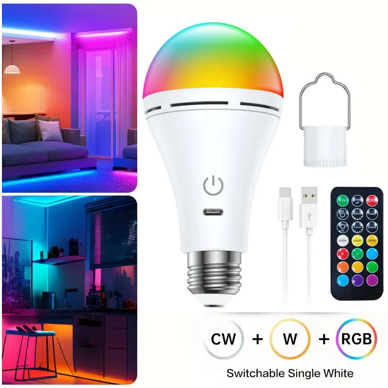 

Перезаряжаемая лампочка RGB цветная USB светодиодная лампа Умная лампа с регулируемой яркостью лампы E27 с таймером Беспроводная лампочка на батарейках
