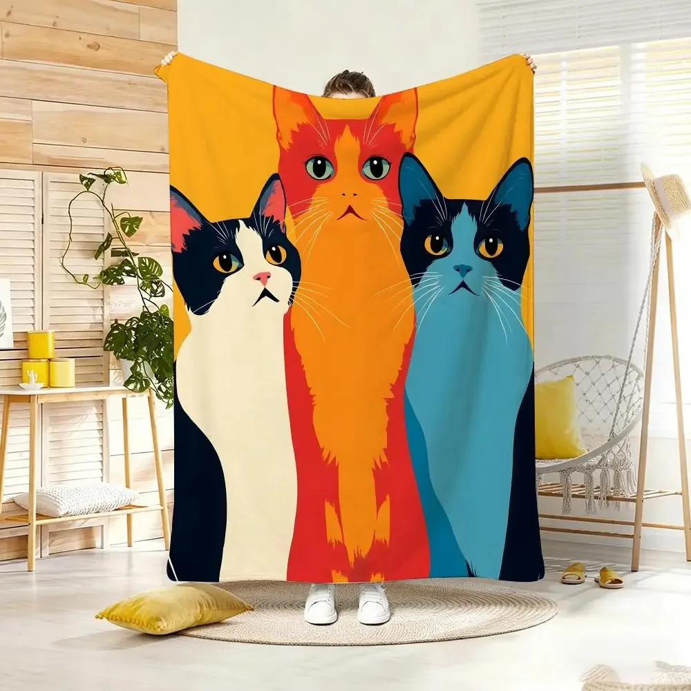 Cute Feline Three Cartoon Cats Throw Lightweight  Flannel Blanket Soft Skin-friendly for Summer Cooling