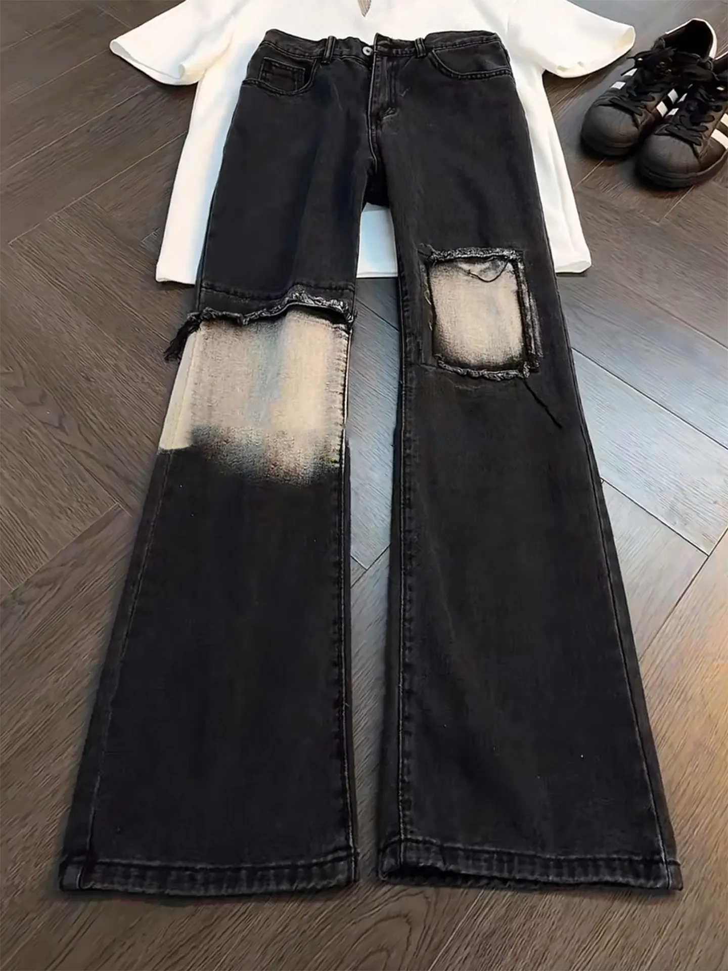 American Patchwork Ripped Jeans Men Summer Cleanfit Knife Straight Micro Flare Long Pants Design Sense Youth Popular Jeans