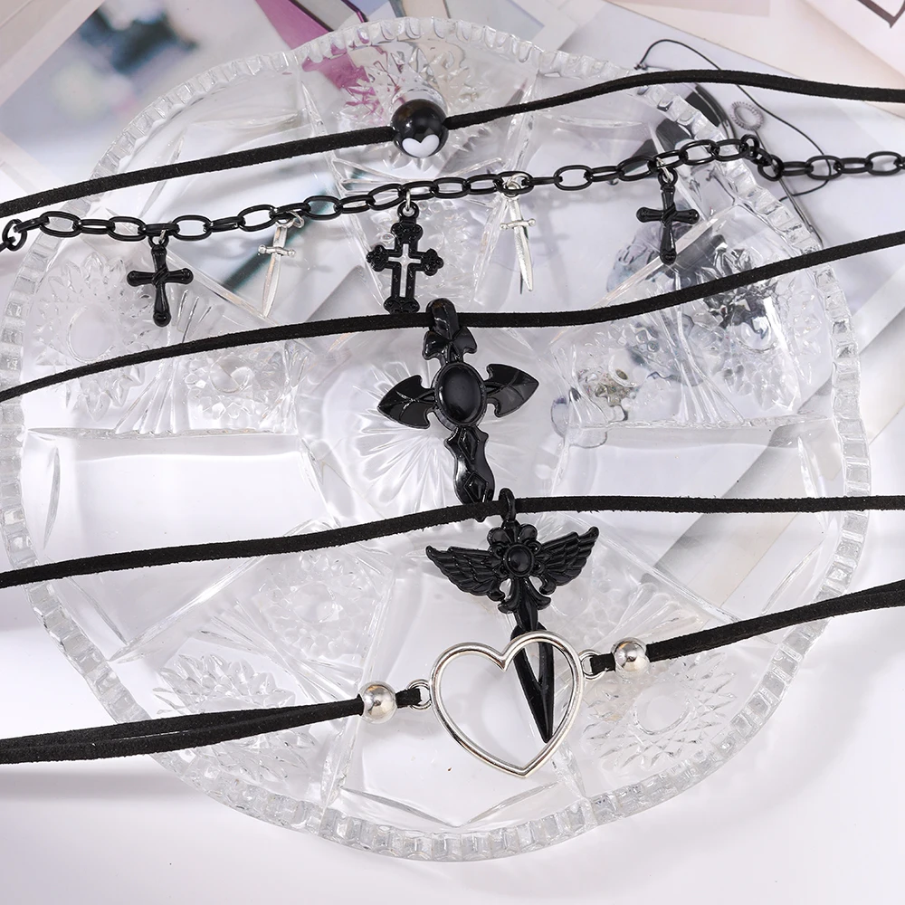 Aihua Vintage Mode Leder Seil Herz Kreuz Anhänger Halskette Für Frauen Männer Kpop Schmuck Zubehör Y2k Ästhetik – Detail 1