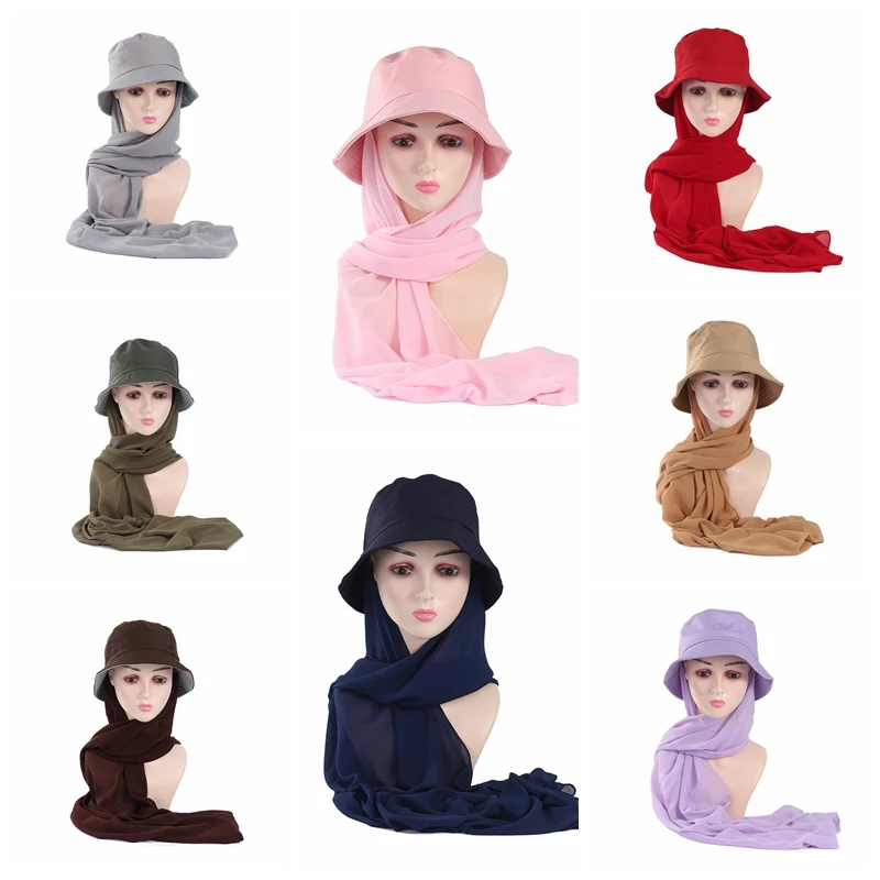 Summer Women Bucket Hat New Muslim Chiffon Hijabs Conjoined Body Sunscreen Shawl Sports Cap Chiffon Hijab Headscarf For Ladies