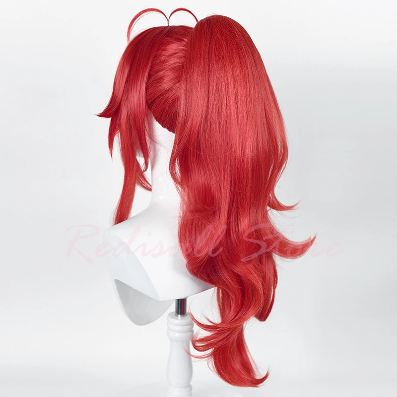 Comic Diluc Wig Cosplay Long Curly High Pigtail Red Heat Resistant Adult Men Women Halloween Role Play