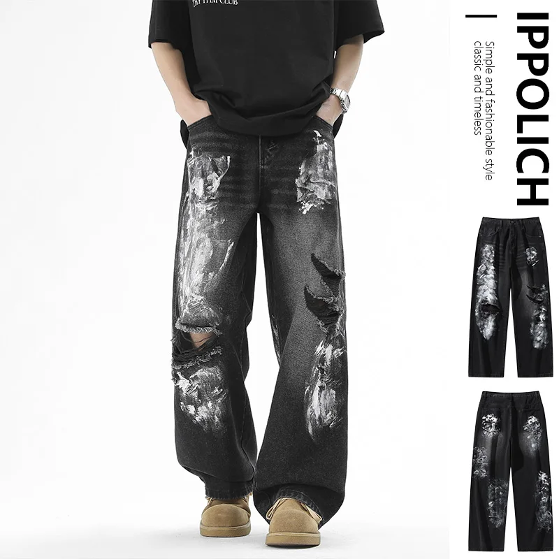 Fashion Jeans Wide-Leg Pants Gothic Men Loose Jeans American Hip-hop High-waisted Jeans Ripped Print Casual High Street Trousers