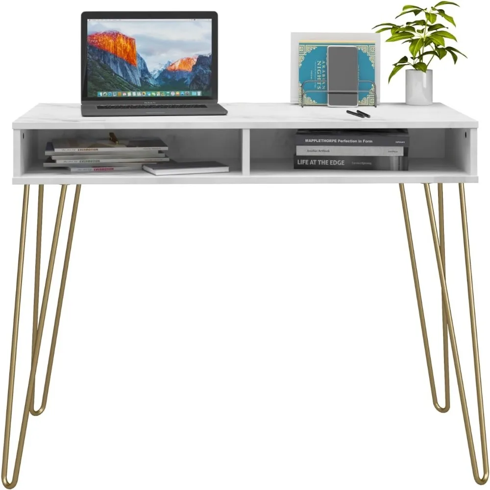 Escritorio moderno con apariencia de mármol blanco y espacio de almacenamiento