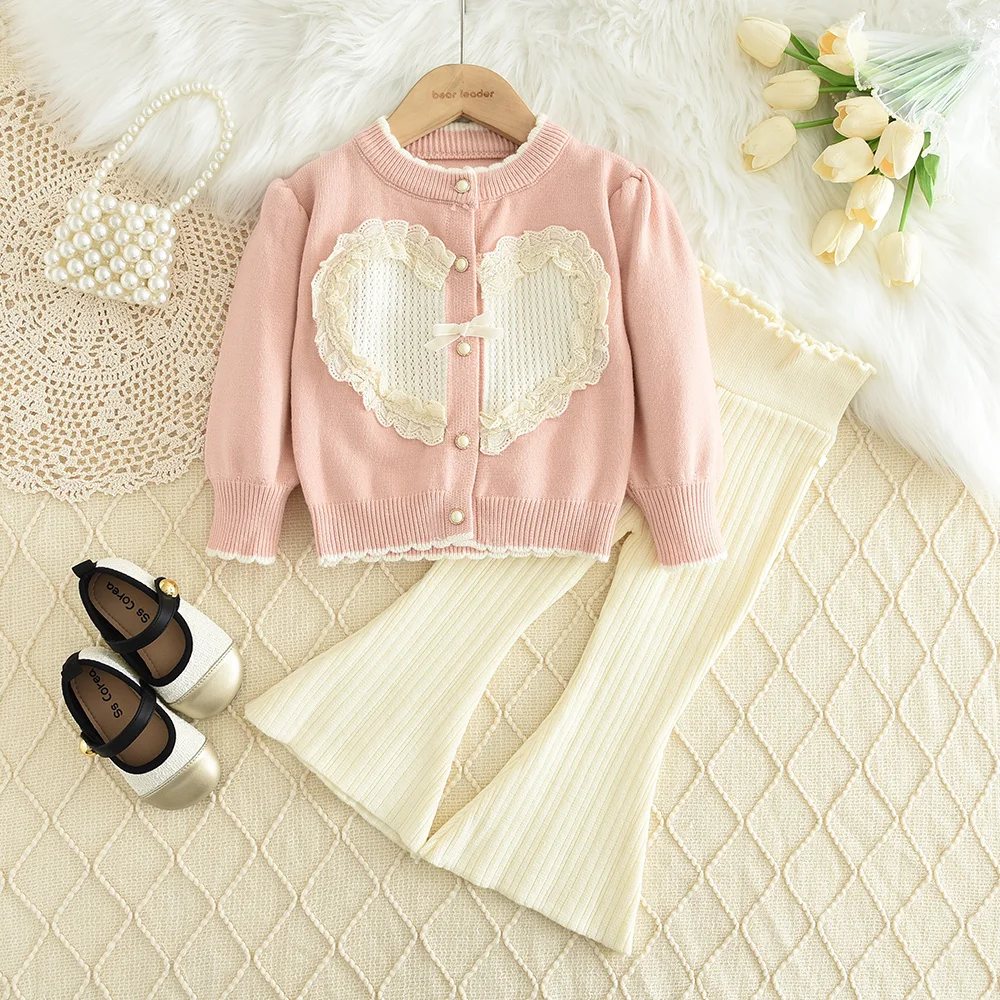 Bear Leader Girl Clothes Knitted Sweater Set Lace Heart Single Breasted Cardigan+Solid Color Flared Pants Autumn/winter 2-piece