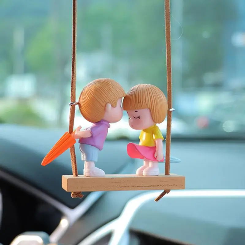 Couple Rearview Pendant Cartoon Boy and Girl Lovers Hold Umbrella Car Rearview Ornament Rear View Decor Cute Swinging Couple