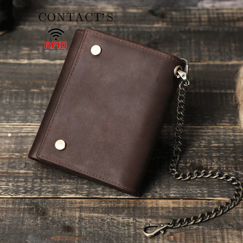 New Fashion Crazy Horse Cowhide Iron Chain Men  Anti Theft Brush Multi Functional Leather Wallet Female Wallet Purse Men Wallets