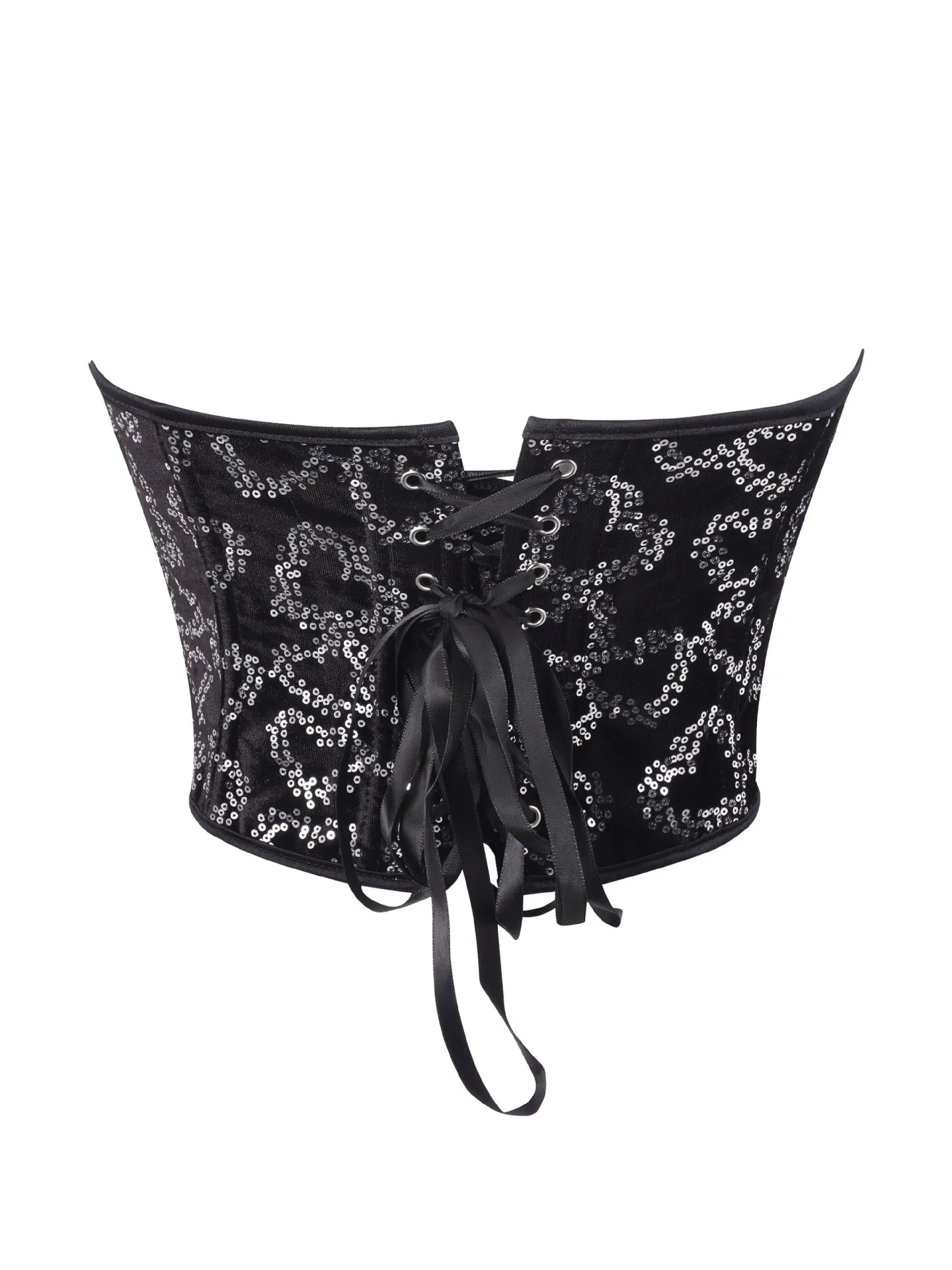 Women's Strapless Sweetheart Corset, Heart Sequin Embellished Pointed Hem Back Satin Lace Up