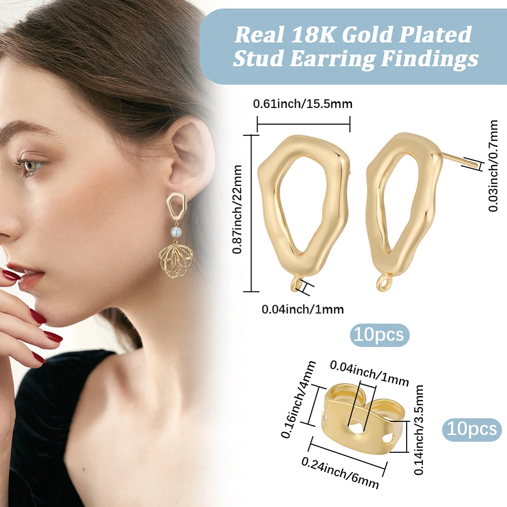1 Box 10Pcs Stud Earring Findings 18K Gold Plated Brass Hollow Irregularly Shaped Triangles Earring Posts with 10Pcs Ear Back