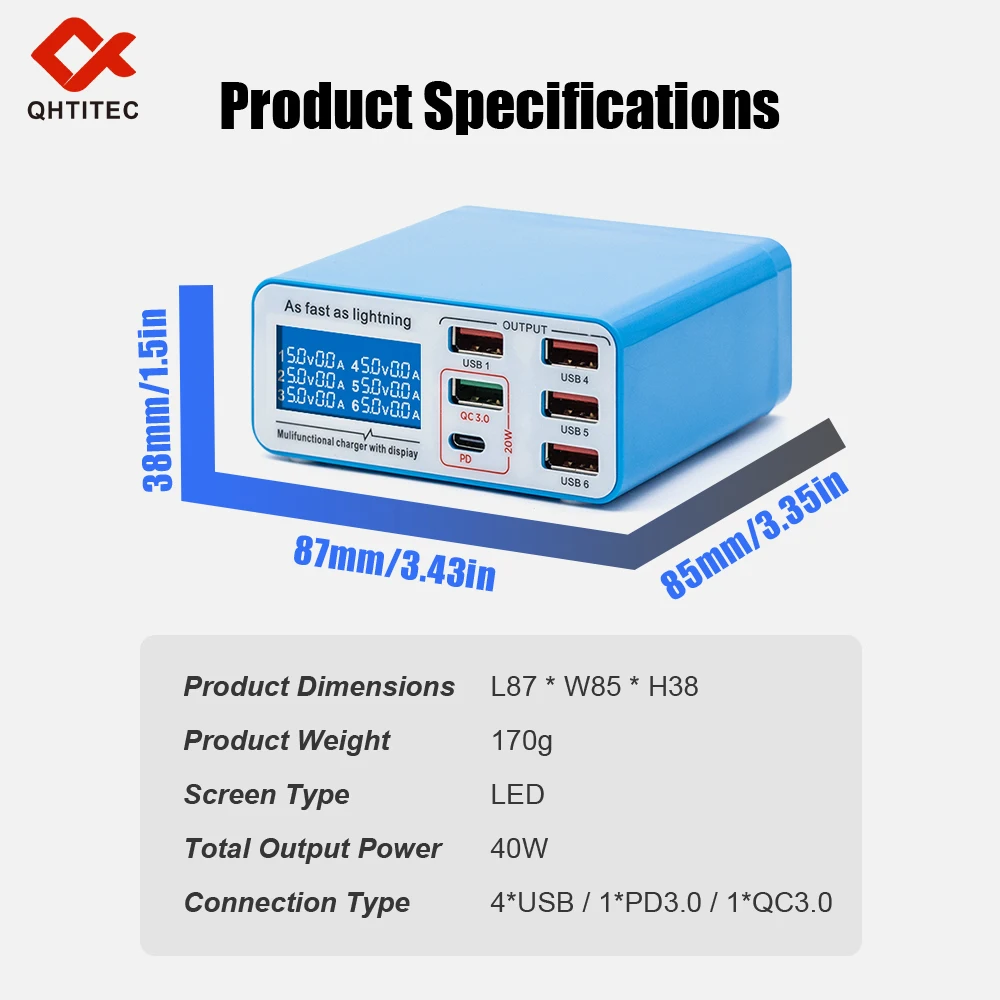 6-Port Smart USB Charging Station with LED Digital Display Fast Charging Hub Auto-Identify 65W Multi Port Desktop Charger