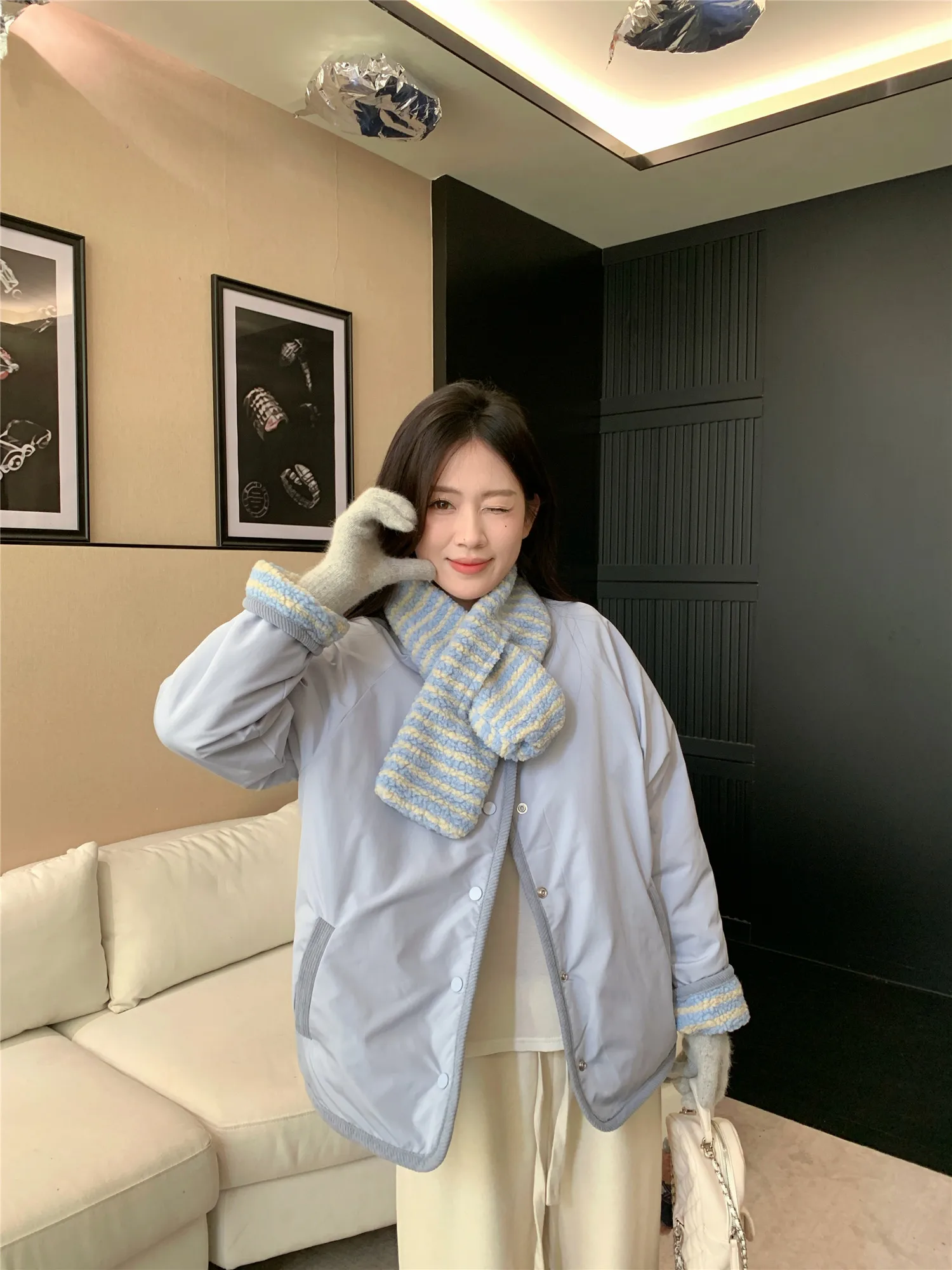 Korean Sweet Two Side Wear Padded Jacket Women Fleece Lined Thick Warm Parkas Woman Lazy Style Stripe Scarf Winter Jackets