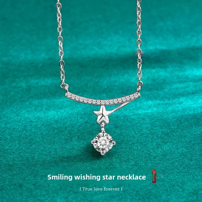 S925 Silver Platinum-Plated 0.5CT D-Color Moissanite Smile Wish Star Pendant Necklace for Women