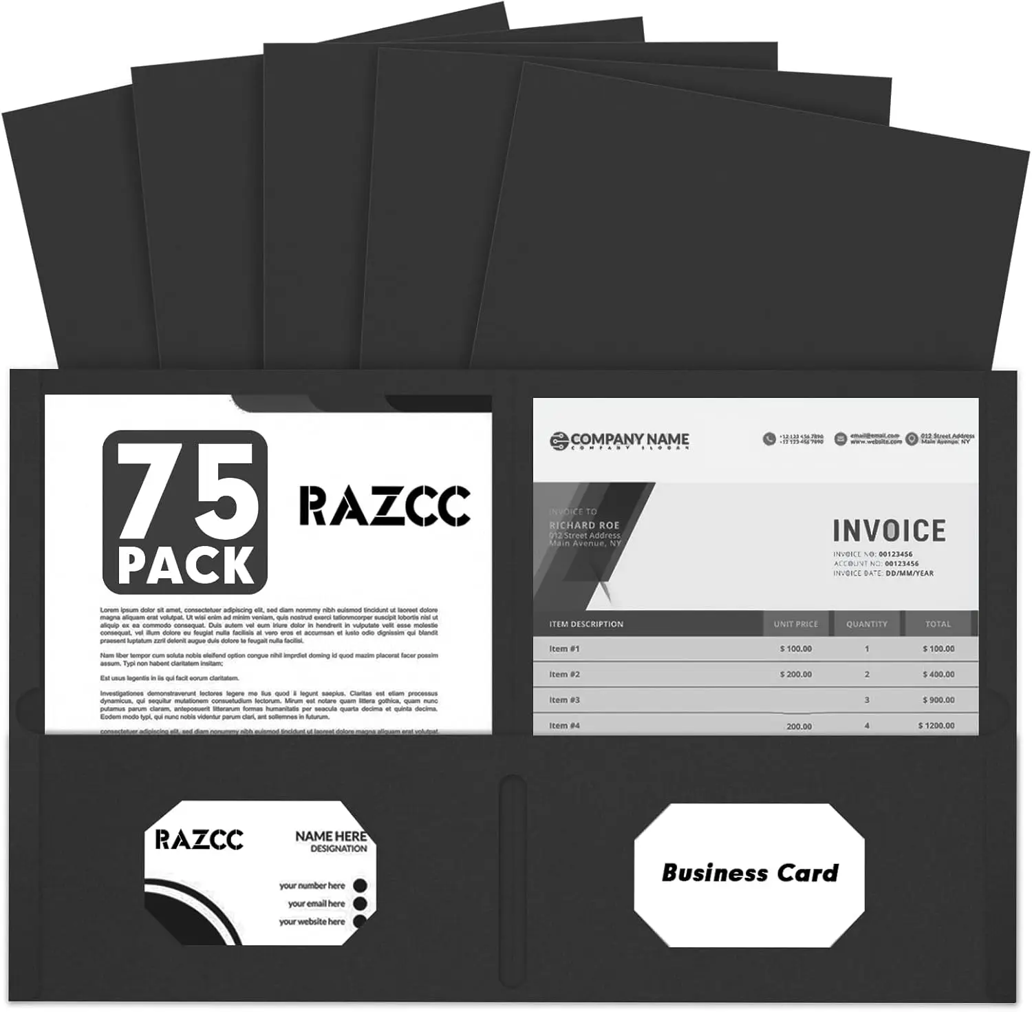 

75 Pack Black Two Pocket Folders for Letter Size Paper, Ideal for School Office Home Use
