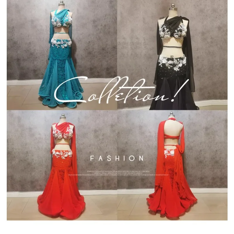 성인과 어린이를위한 맞춤형 블랙 레드 플러스 사이즈 밸리 댄스 의상 스커트 성능 의상 탑과 대형 스커트