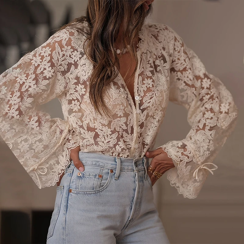 BKLD 2026 New Style Spring Hollow Casual Lace Shirt Artistic Elegant Long Sleeve Lace-up Fashion Women's Perspective Floral Tops