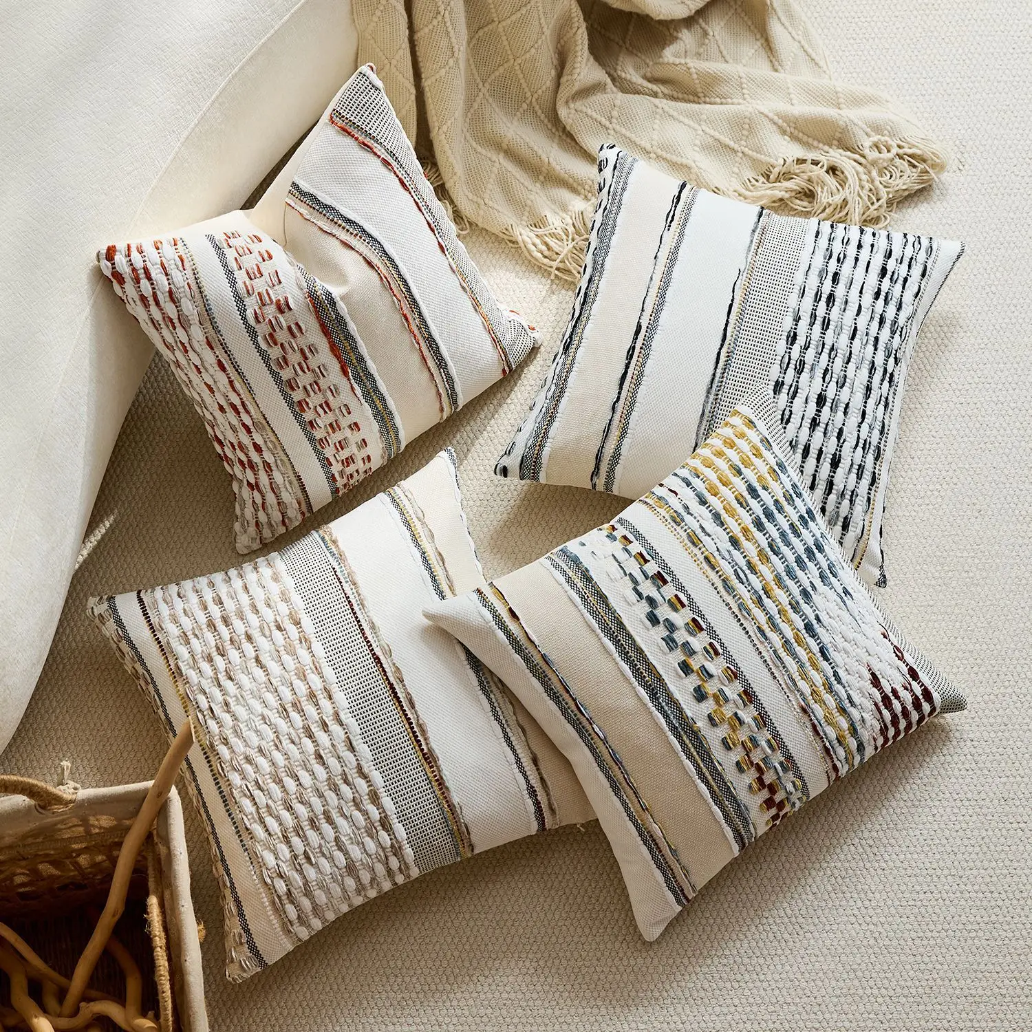 1PC Chenille Striped Textured Boho Throw Pillow Covers Aesthetic with Tassels Woven Decorative Pillow Case for Couch Bed Sofa