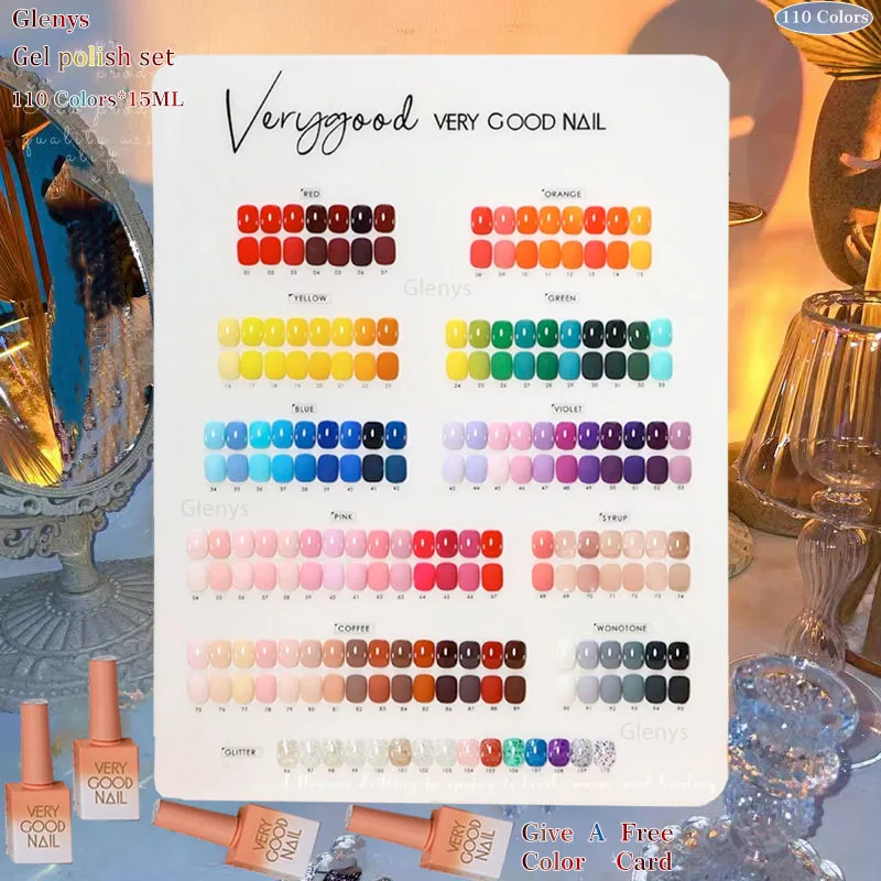 Zestaw lakierów do paznokci Glenys 110 kolorów, klej, popularny, zaawansowany żel do moczenia, karta kolorów, niezbędny w salonie paznokci, lakier wykończeniowy.