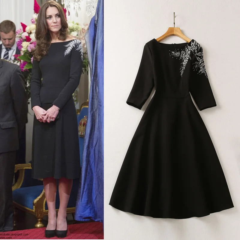 

Princess Kate Long Sleeve Slash Neck Sheath Dresses Black Beading Dress