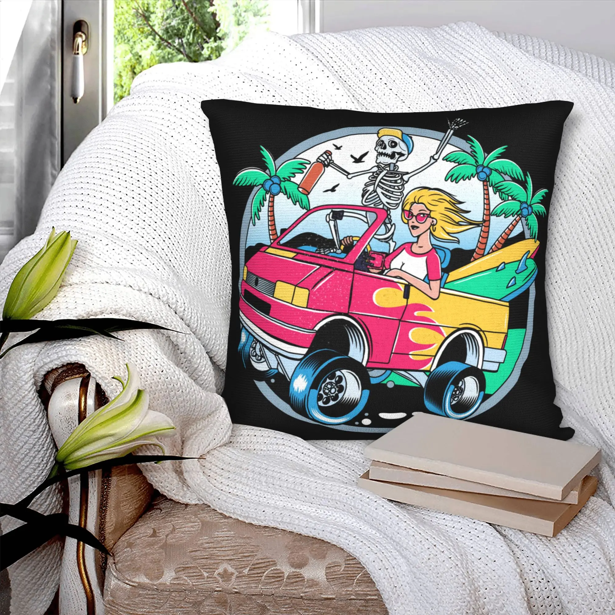 Summer Surf Rider Skull Surfing Pillow Case Decor Home Luxury  Outdoor Cushions Square Pillowcase