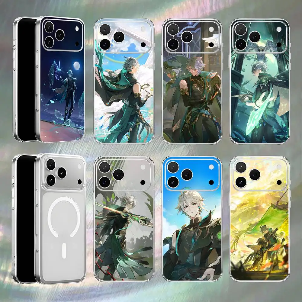 

Прозрачный белый чехол Alhaitham Genshin Impact для iPhone 17,16,15,14,13,12,11, Pro, Max, Plus с магнитной беспроводной зарядкой