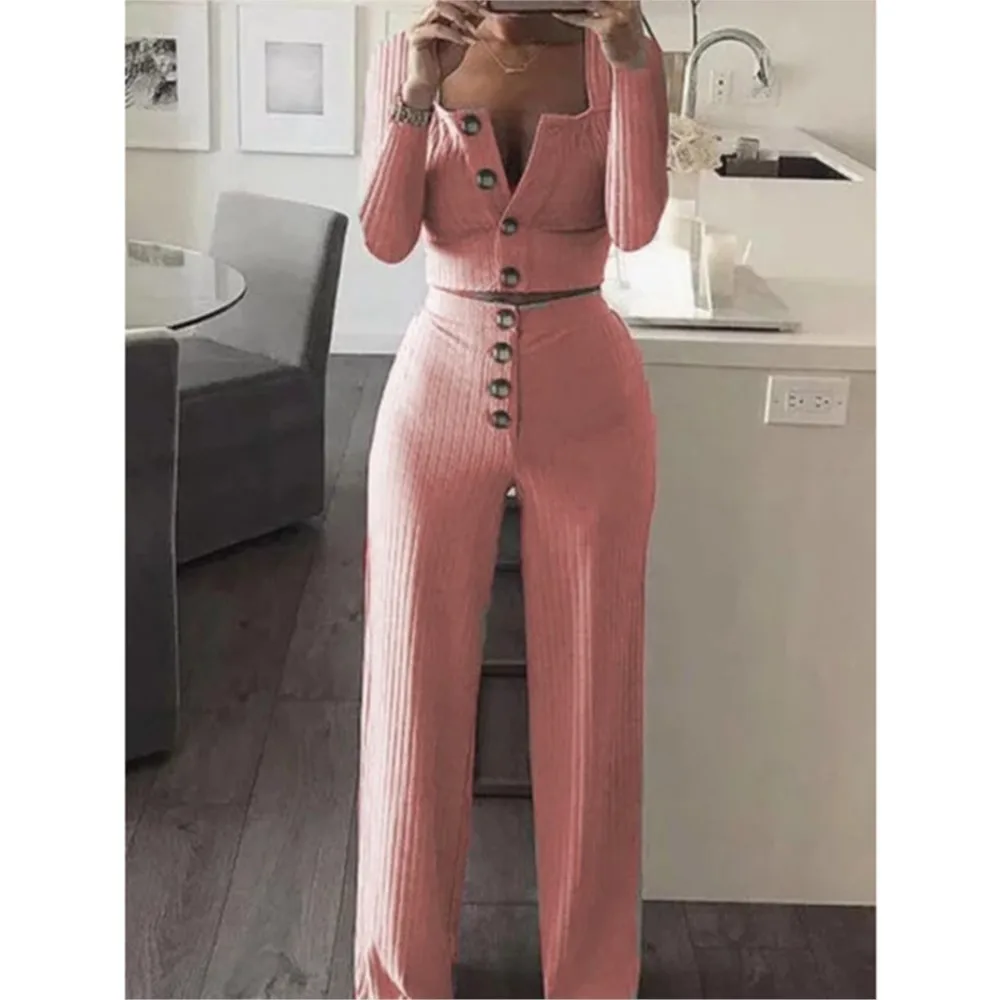 

Fashion Knitted Long-sleeved Square Collar Button Ultra-short Top + Trousers 2-piece Set New Elegant Women Knitted Trousers Suit