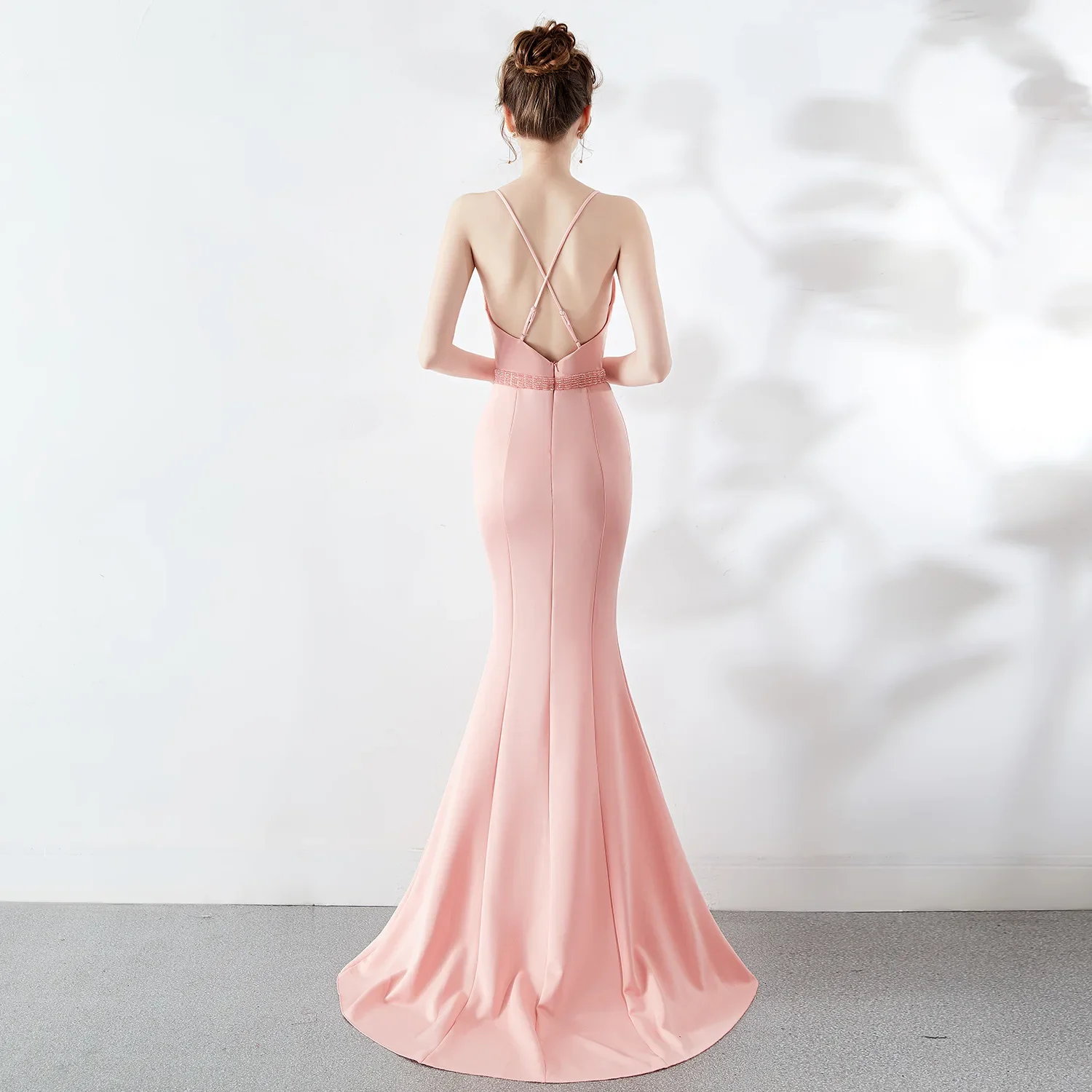 Evening Dress Pink Beads Stretchy Sgaphetti Straps Zipper Back Mermaid Trumpet Floor Length Slit Women Party Formal Gowns YE142