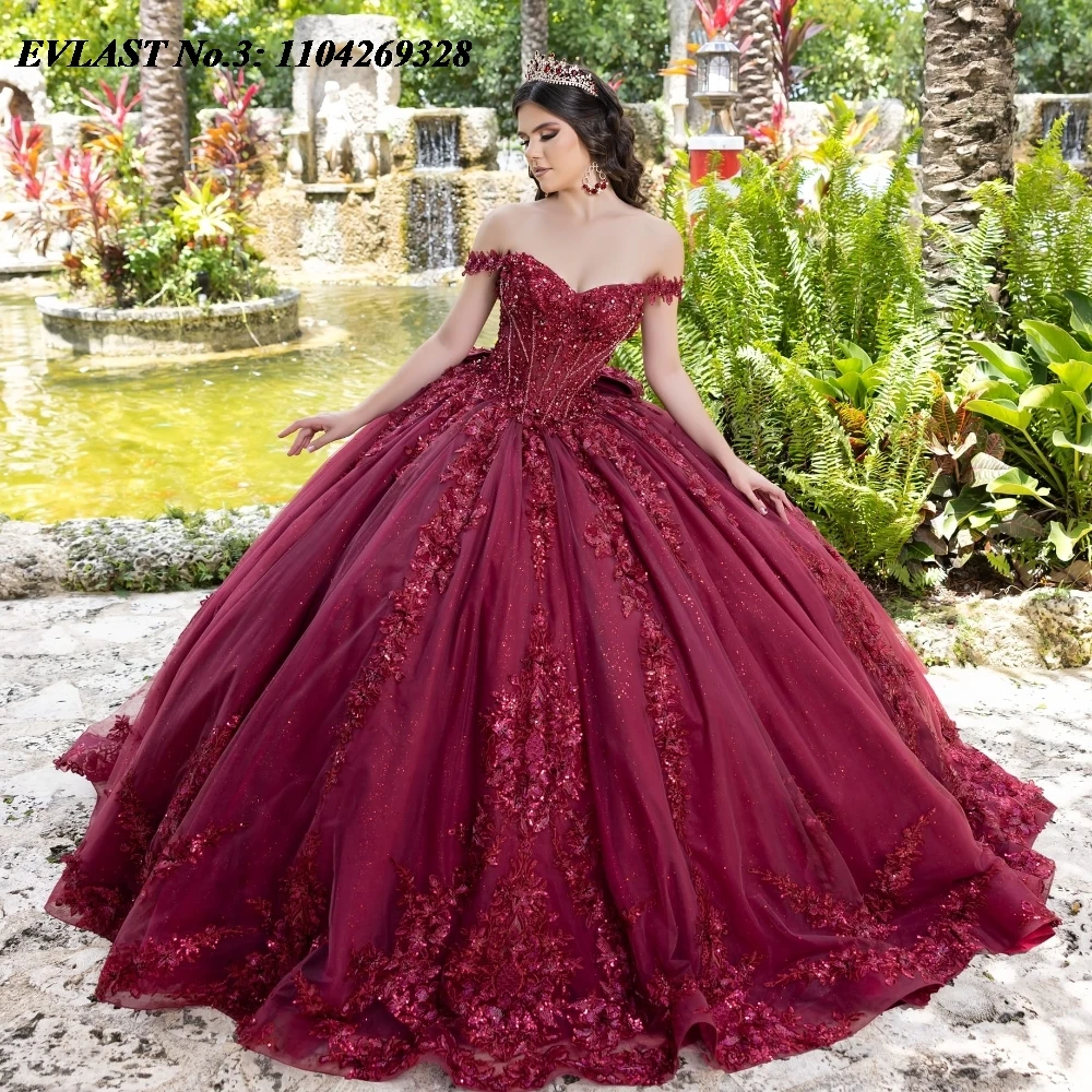 EVLAST ที่กําหนดเอง Glitter สีชมพู Quinceanera Ball Gown ลูกไม้ Applique ประดับด้วยลูกปัดโบว์รัดตัวหวาน 16 Vestido De 15 Anos E3Q468