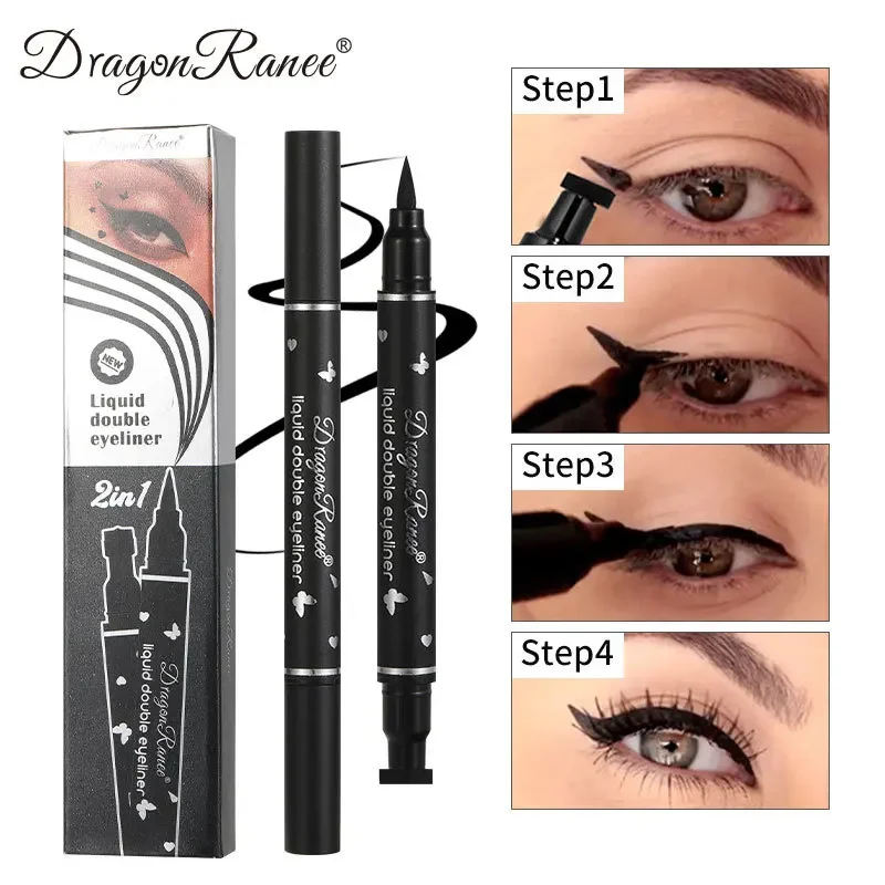 Waterproof Double-Ended líquido Eyeliner Pen, delineador preto, secagem rápida, longa duração Eye Liner, selo selo selo, cosméticos