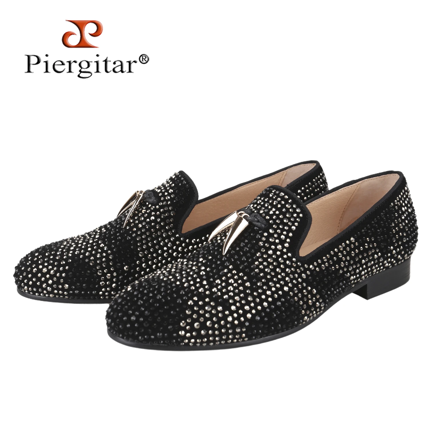 Piergitar Splicing Crystals Of Black And Red Suede Slip-On Loafers For Party Wear GZ Same Metal Tassels Men's Smoking Shoes