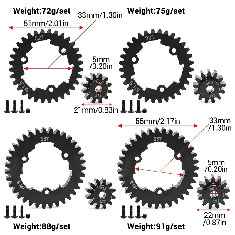 2 uds acero endurecido 1.5Mod 35T 32T engranaje recto y juego de piñón 12T 13T para Trxs 1/5 x-maxx XMAXX 1/6 XRT piezas de mejora